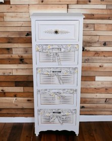 Resim Ahşap 5 Çekmeceli Hasır Görünümlü Sebzelik Beyaz 