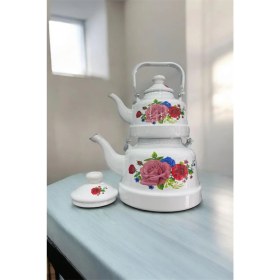 Resim Ebru Metal Nostaljik Emaye Çaydanlık Takımı 16/22 (Çok Büyük Boy) 
