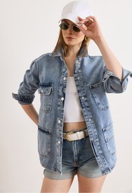 Resim Olalook Kadın Açık Mavi 4 Cepli Tok Denim Ceket CKT-19000510 