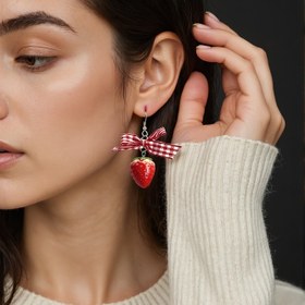 Resim Y2K Çilekli Kek Küpeleri Kırmızı ve Beyaz Ekose Fiyonkla Bir Çifti - Partiler için Sevimli Kadın Moda Takıları, Hediye veya Günlük Giyim, Tuhaf Küpeler 