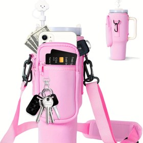 Resim 40oz Termos Bardağı İçin Telefon Cebi Olan Su Şişesi Taşıma Çantası, Ayarlanabilir Omuz Askılı Okul, Dış Mekan, Tırmanış ve Yurt Kullanımı İçin Su Şişesi Taşıyıcı Çanta (Su Şişesi Dahil Değildir) 