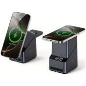 Resim Sunshine022 Siyah 4ü1 Kablosuz Şarj Cihazı Saat 15w Hızlı Şarj Otomatik Döndürme Telefon Saat Kulaklık 