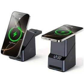 Resim Sunshine022 Siyah 4ü1 Kablosuz Şarj Cihazı Saat 15w Hızlı Şarj Otomatik Döndürme Telefon Saat Kulaklık 