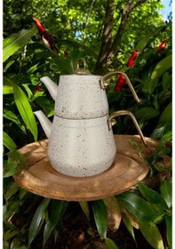 Resim Gökdil Granit Çaydanlık Takımı Gold Kulplu Krem Beyaz 