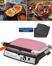 Resim GoldMaster Gralux Pembe Paslanmaz Çelik 2000 Watt Granit Çıkarılabilir Plakalı Tost Ve Izgara Makinesi 