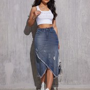 Resim Kadınlar İçin Şık Yırtık Kot Midi Etek - Günlük Yıkanmış Mavi, Püskül Detaylı, Yüksek Bel Vücuda Oturan Kesim, Rayon/Polyester Karışımı, İlkbahar/Yaz/Sonbahar İçin Mükemmel, Kot Etek 