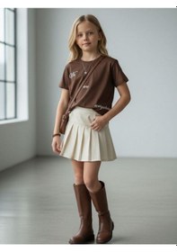 Resim Zekids Kız Çocuk Yazı Baskılı Basic T-shirt-16924 Kahverengi 