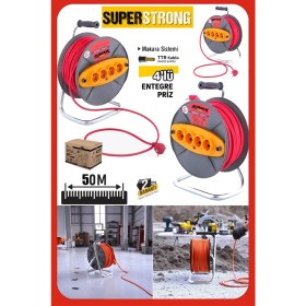 Resim Stilmax Metal Ayaklı Makaralı Uzatma Kablosu 3x2.5 mm 50 Metre 4 Prizli Seyyar Uzatma Kablosu Atölye Ev Tip 