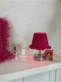 Resim Pembe Desen Kumaş Gümüş Ayaklı Kablosuz Gece Masa Lambası 