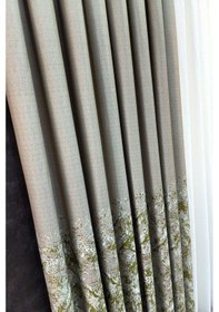 Resim Lina Keten Dokuma Fon Perde Bej Yeşil Renk Desenli Yeşil 