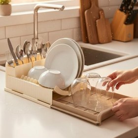 Resim Ayarlanabilir Bulaşıklık ve Tezgah Üstü Kurutmalık – Su Tahliyeli, Genişleyebilir Mutfak Organizeri, Tabaklık, Kaşıklık ve Bardaklık Süzgeci – Bej 
