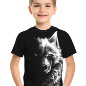 Resim 1 adet Erkek Çocukları Yaz Casual Tişört, Polyester Crew Boyun ile Slight Esneme, Örgü Kumaş, Rastgele Baskılı Kurt Tasarımı, Normal Beden Üstler Çocuklar için 