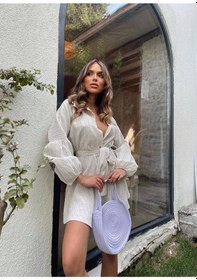 Resim Fashion Cocktail Uzun Kol Casual Kabartma Kumaş Yakalı Düğmeli Boyfriend Gömlek Stil Şortlu Tulum Krem 