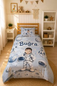 Resim Evmila Karikatüristik Astronot Temalı Nevresim Takımı - 100x150 cm Nevresim ( Bebek Boy Özelleştirilmiş ) + 35x45 cm Yastık Kılıfı 