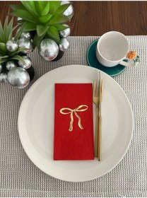 Resim Gold Yaldızlı Kırmızı Fiyonk Baskılı Garson Katlama Peçete 16 Adet 