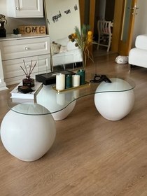 Resim Modern Orta Sehpa & Küre Sehpa & Top Sehpa & 41 Cm Şeffaf Fasulye Cam & Beyaz Top 