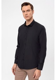 Resim Süvari Siyah Slim Düz Klasik Yaka Gömlek 