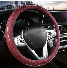 Resim Dashanshop Şarap Kırmızı Gümüş Şeritli 38 İnç Universal Kaymaz Deri Direksiyon Kılıfı Şarap Kırmızısı Gümüş Çizgili 