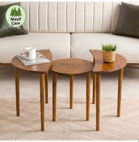 Resim Furnirem Güneş Ve Ay Elips Yan Sehpa 3'lü Zigon Set, Masif Doğal Ahşap Ceviz 