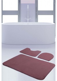 Resim Unicolor Düz Mürdüm 3'lü Banyo Paspası Halısı Seti Kaymaz Deri Ta Mürdüm 