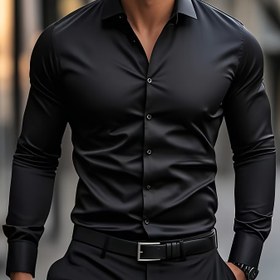 Resim Erkekler için şık beyaz uzun kollu gömlek - Rahat kare yaka, polyester, tek göğüs düğmeli, ofis ve iş kıyafeti için düzenli fit, ofis kıyafeti|Zarif görünüm|Polyester kumaş 
