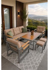 Resim Rovena Esinti Balkon Takımı, Gri Bahçe Takımı 5+1 Masa 70x110 3lü Koltuk 70x180 Tekli Koltuk 70x70 Cappuccino 