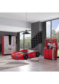 Resim Setaymobilya Sports Çocuk Odası - Merso Arabalı Yatak Dolap Şifonyer - Kırmızı 