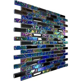 Resim MozaiKristaL Mutfak Tezgah Arası, Banyo, Havuz, Sauna, Spa ve İç ve Dış Dekorasyonda Tüm Yüzeyler İçin, 15X48 mm ve Lüsterli Siyah – Lüsterli Mavi Karışım, 30X30 cm. Fileli Kristal Cam Mozaik 