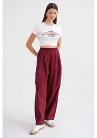 Resim Mixray 4682 Kadın Beli Lastikli Jogger Bol Keten Pantolon Bordo 