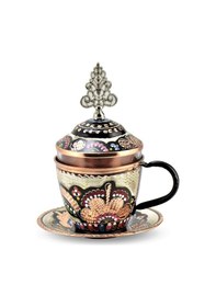 Resim Gül Çiçek Bakır Çay ve Neskafe Takımı 