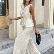 Resim YY0327352 Yaz Modası Seksi Kolsuz Bağcıklı Gömlek, Dokulu Kayısı Rengi Geniş Paça Pantolonlar, Katmanlı Yama Detaylı Plise Pantolonlar, Bol Kesim, Tatil ve Gezinti İçin İki Parçalı Takım 