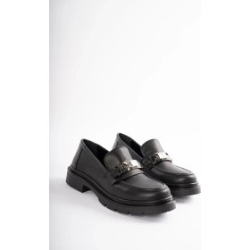 Resim Selin Shoes Milora Alçak Topuklu Kemer ve Gümüş Aksesuar Detaylı Kadın Loafer- Siyah 