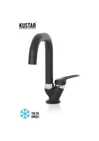 Resim Kustar Kısa Köşe Delta Borulu Tek Su Girişli Mat Siyah Mix Aç Kapa Musluk Lavabo 