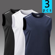 Resim 3 adet Erkek Atletik Tank Topu - Yazlık Spor Salonu, Koşu ve Eğitim için Nefes Alabilir, Hızlı Kuruyan Kolsuz Gömlekler, Yuvarlak Yaka, Polyester, Siyah/Beyaz/Lacivert, Spor Giysileri 