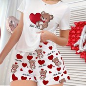 Resim İlkbahar/Yaz Kısa Kollu Yuvarlak Yaka Sevimli Ayı & Kalp Desen Baskılı Pijama Takımı 