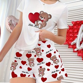 Resim İlkbahar/Yaz Kısa Kollu Yuvarlak Yaka Sevimli Ayı & Kalp Desen Baskılı Pijama Takımı 