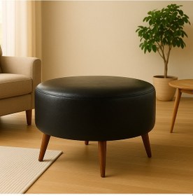 Resim Large Büyük Yuvarlak Modern Puf - 60 Cm - Deri Kumaş - Siyah 