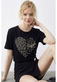 Resim Shade Kadın Leopar Kalp Taş İşlemeli Bisiklet Yaka Regular Fit T-shirt 2210 60283976 - Siyah 