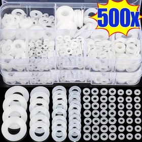 Resim 500 adet Naylon Plastik Düz Yastık - Ev Su Geçirmez Boru ve Musluk Tamiri Seti için Evrensel Siyah ve Beyaz Sızıntı Geçirmez Dairesel Mühür Yastıkları | Dayanıklı Yastık | Plastik Yapı, Musluk Tamiri Seti 