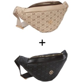 Resim Newish Polo Kadın Desenli Çapraz Omuz Askılı Bel Ve Omuz Çantası 2 Adet - New345 - Bej - Taş 