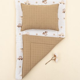 Resim Alt Açma Matı ve Yastık - Çift Taraflı - Toprak Muslin - Kahverengi Arabalar 