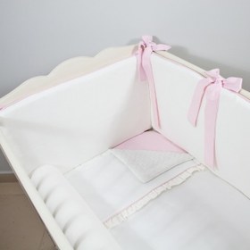 Resim Ekru - Pembe Fırfırlı Bebek Uyku Seti - Düz Bumper / 80x140 