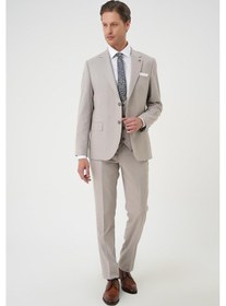 Resim Efor Slim Fit Çift Yırtmaç Keten Karışımlı Yelekli Klasik Taş Takım Elbise Tk 914 Taş 
