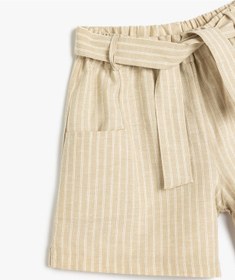 Resim Koton Keten Şort Beli Lastikli Kemer Detaylı Cepli Ekru Çizgili 4skg40179aw Ekru Çizgili Ekru 
