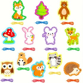 Resim 12 Adet Orman Dikiş Kartları Seti DIY El Sanatları Orman Hayvanları Çift Taraflı Karton Kartlar Dikiş Oyunları Orman Temalı Parti Süslemeleri 