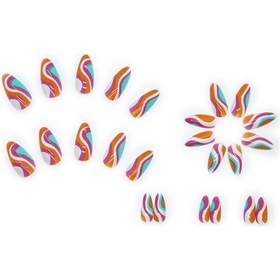 Resim Turuncu Turkaz Pembe Renkli Desenli Badem Takma Tırnak Seti 24 Adet 