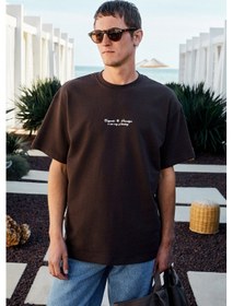 Resim Grimelange BENZO Erkek Ön Arka Baskı Detaylı %100 Organik Pamuk Oversize Kısa Kollu Koyu Kahverengi T-Shirt 