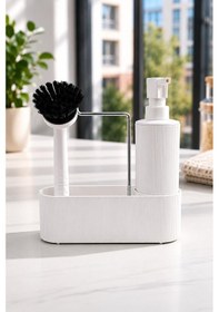 Resim Mutfak Lavabo Düzenleyici Sıvı Sabunluk Ve Fırça Seti Beyaz Organizer 