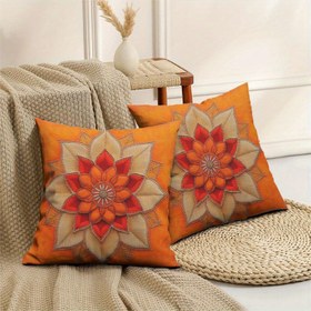 Resim 2 adet Zarif Mandala Atma Yastıkları - Canlı Turuncu ve Kırmızı Çiçek Deseni ile İncelikli Detaylar, Koltuk veya Sandalye Dekoru için Mükemmel, Makine Yıkanabilir Polyester Kapaklar, Rahat Ev Aksesuarı|İncelikli Desen Yastıkları|Zipli Yastık Kılıfı, Dekoratif Yastıklar 