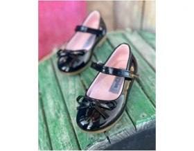 Resim Surpie Shoes Ince Fiyonk Detaylı Kız Çocuk Babet, Siyah Suni Deri, Ortopedik Tabanlı, Düz Topuklu 